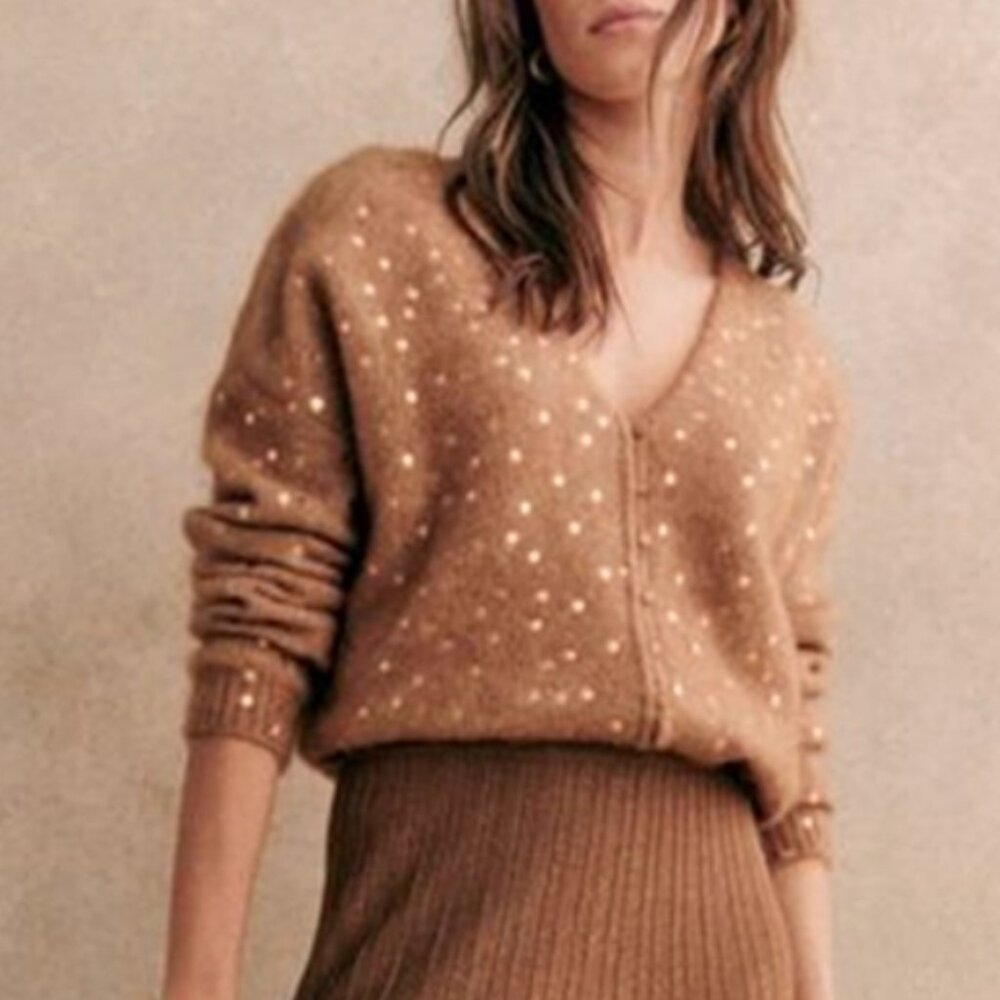 BEST Sezane Lizy Cardigan Camel Gold Polka Dot French Wool Causal - Picture 1 of 9